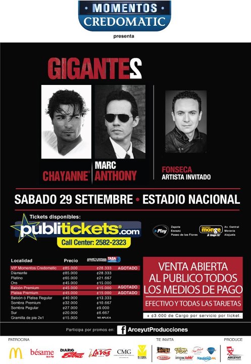 Tour Gigantes en Costa Rica: Marc Anthony, Chayanne y Fonseca