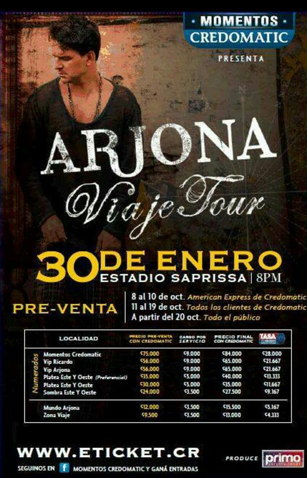 Entradas al conciertos de Ricardo Arjona 2015 Costa Rica