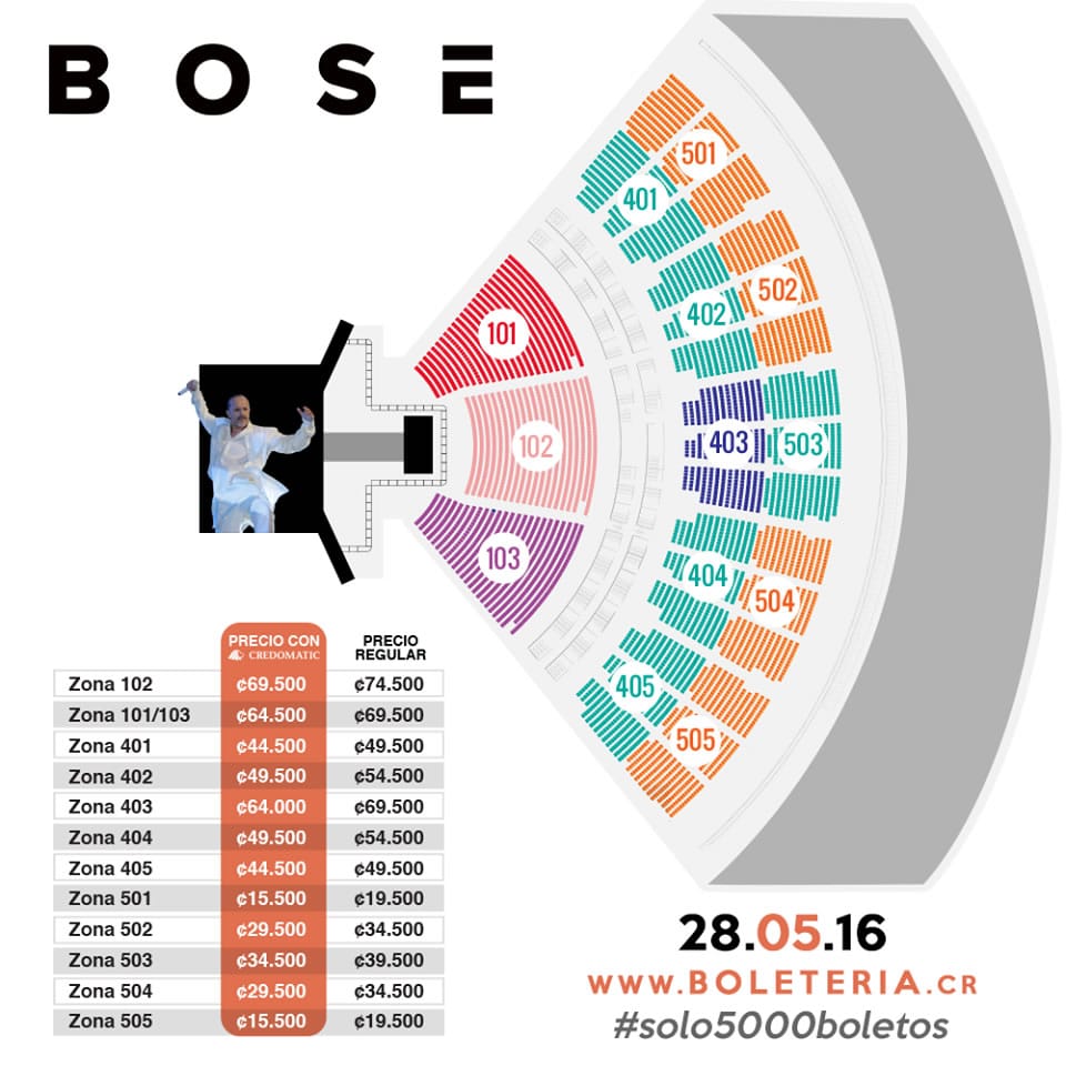 Mapa entradas concierto de Miguel Bosé en Costa Rica