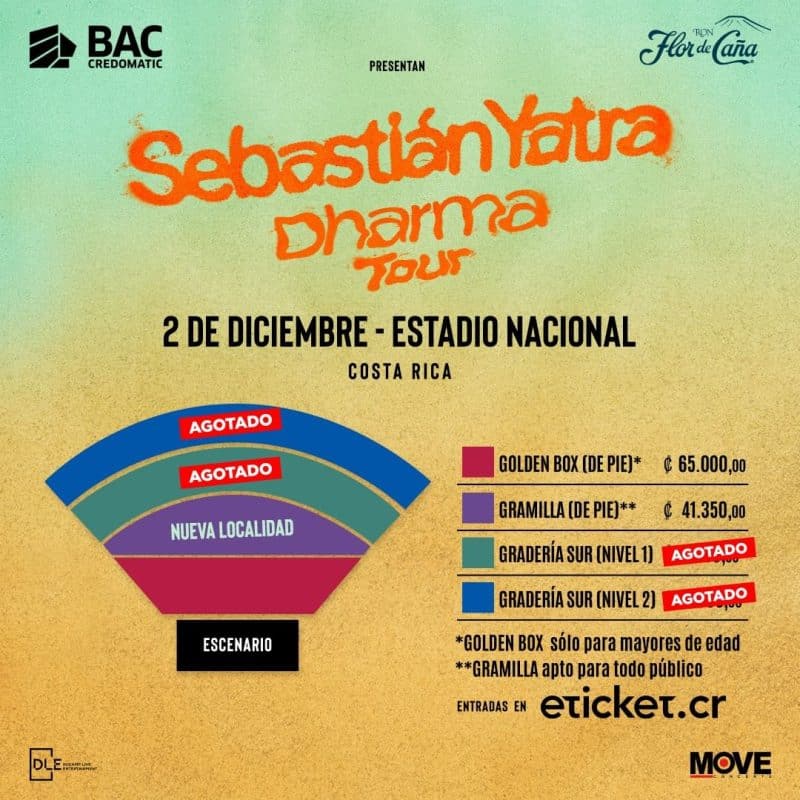 Mapa localidades y precios concierto Sebastian Yatra 2022 Costa Rica